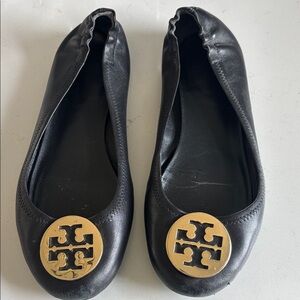 Tory Burch Black Flats with Gold Logo